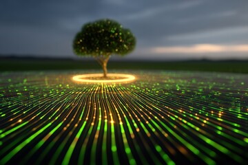 Glowing Digital Field Surrounds Lone Tree Under Dramatic Evening Sky