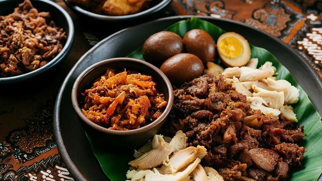 Close-up of traditional Nasi Gudeg from Yogyakarta served on rustic earthenware with gudeg, krecek, telur pindang, and chicken, styled on a patterned batik cloth.