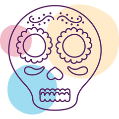 Dia De Los Muertos Sugar Skull Outline With Pastel Circles In Background And Purple Contour Art Line Drawing Celebration Symbol
