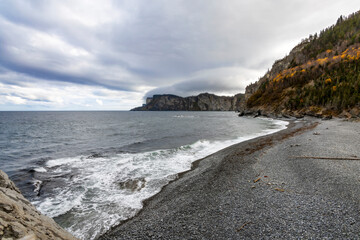Cap Bon Ami offers breathtaking views of cliffs and ocean on the Gaspesie Peninsula in Quebec, Canada.