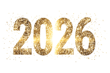 Glittery gold 2026 New Year text with sparkling effects on transparent background