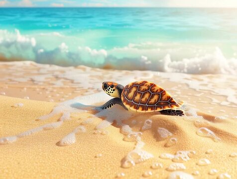 Baby turtle crawling on the beach, waves lapping at its back