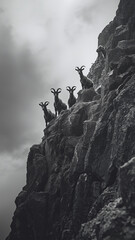 Wild mountain goats perched on rugged cliff edges under a moody cloudy sky in monochrome style.
