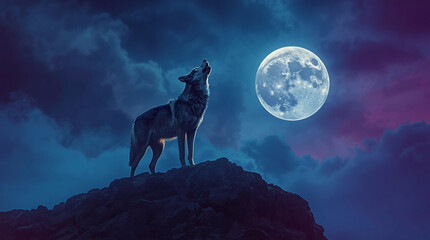 A solitary wolf howling beneath the glowing full moon on a quiet rocky night.