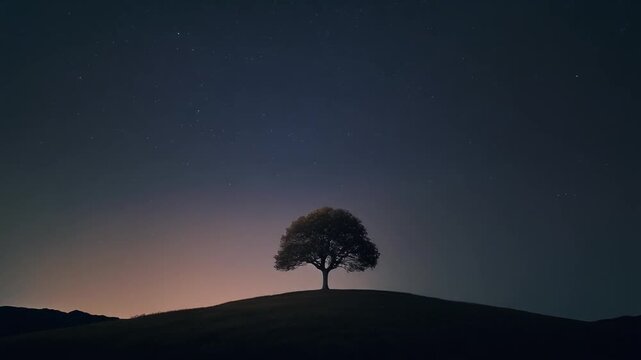 Lone Tree On Hill Under Dim Starlight