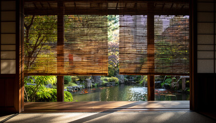 Obraz premium Japanese Room with Bamboo Blinds Overlooking Garden Pond