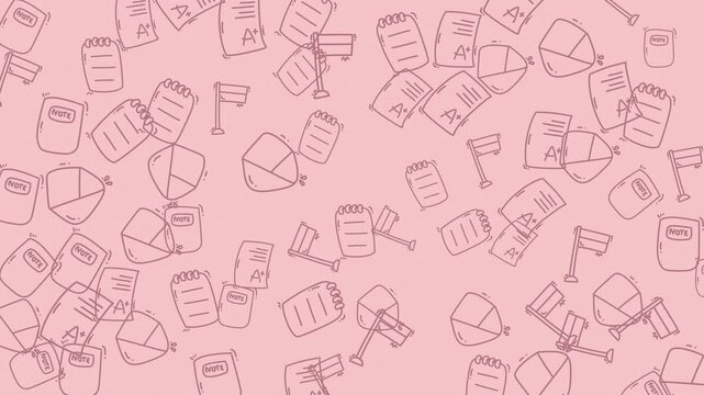 Playful educational seamless pattern background in a pink hue. Features school elements like flags, notebooks, A+ graded papers and notes