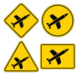 Warning Signs Featuring Airplane Silhouette in Various Shapes and Styles