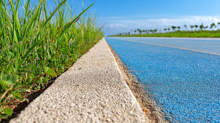 A road with a blue stripe and a green grassy area