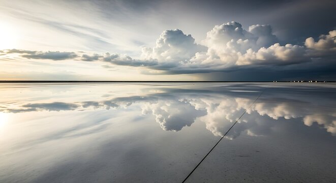 Reflective panorama of cloudscape over surreal expanses and serenity - Powered by Adobe
