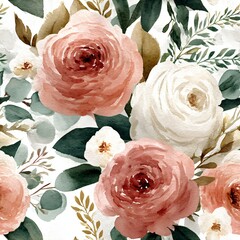 Fototapeta premium Watercolor seamless pattern with elegant blush pink and white rose flower bloom, and green foliage for fabric, textile, or scrapbooking.