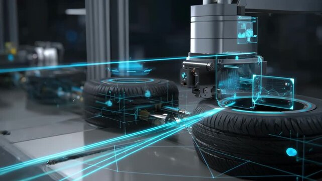 Closeup medium shot of a highresolution camera capturing detailed images of tires on a production line to detect flaws using AI algorithms.