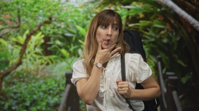 Woman puckering mouth with hand on chin in forest on wooden walkway wearing white blouse and carrying guitar case on back; playful.