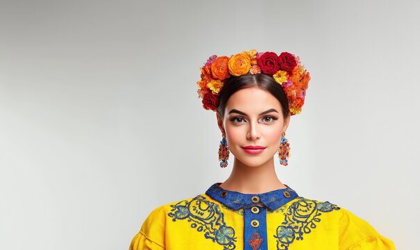 Young woman flaunts vibrant sugar skull makeup with a floral crown, blending tradition and creativity - Powered by Adobe