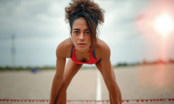 Athletic young woman crouches at the start line, focused and determined during an outdoor training session - Powered by Adobe