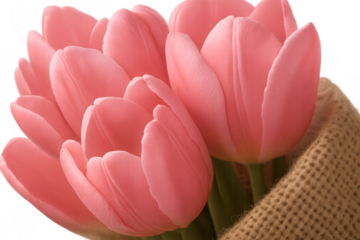 Pink tulip bouquet wrapped in burlap, representing spring, love, and gifting on a transparent background