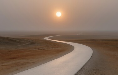 Visualizing inflation and purchasing power through a shimmering mirage over a winding road in an arid landscape