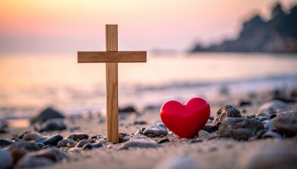 Wooden cross and heart shape on a beach symbolizing faith and love at sunset