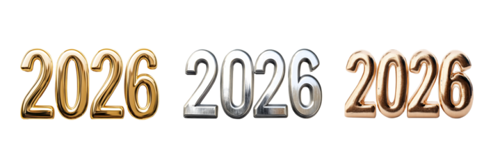 2026 Metallic Numbers Design in gold, silver, and bronze on transparent background