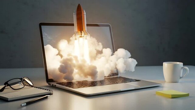 Laptop screen showing a rocket launch with a cup and glasses on the table