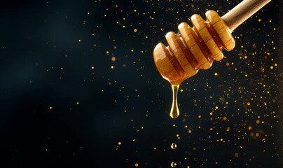 Wooden honey dipper holding and dripping golden honey against a dark background with sparkling bokeh - Powered by Adobe