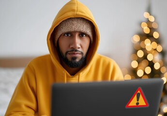 Young man in a yellow hoodie stares intently at his laptop in a dimly lit room, expressing concern