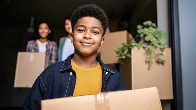 A young boy carries a cardboard box while his diverse family supports him in moving into their new house