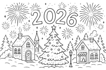 Christmas village new year line art illustration. Church, houses, fireworks and the number 2026 in a snowy winter scene. Vector png illustration, coloring page