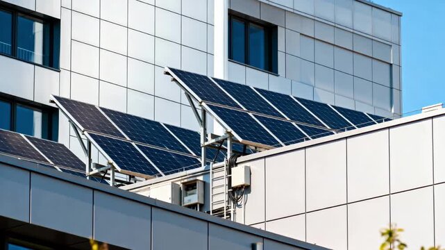 Medium shot of solar panels integrated into urban buildings designed to withstand intense heatwaves showcasing sustainable energy in climateadaptive infrastructure.