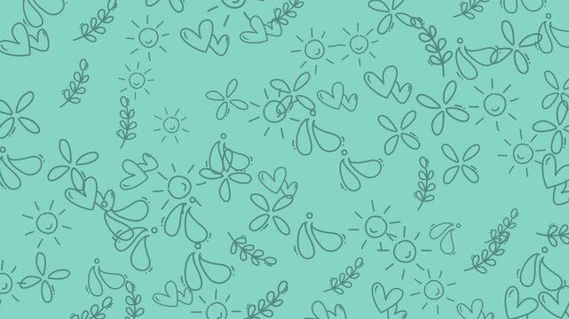 Playful light green Seamless Pattern background. Features hand-drawn style suns, flowers, hearts and leaf sprigs