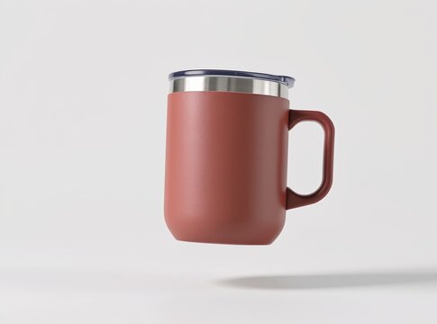Minimalist red insulated mug with stainless steel rim and lid floating against a white background - Powered by Adobe