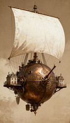 Steampunk-inspired spherical airship with ornate brass details and white sail in vintage sepia tones