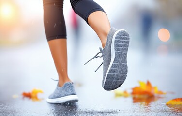 A woman jogs through a rainy urban area, enjoying her commute while stepping on colorful autumn leaves