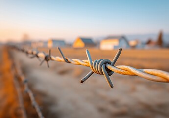 Barbed wire fence stretches across a tranquil rural landscape, preventing wildlife from entering farmland at dusk