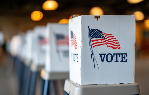 Voters engage with voting machines at a polling station, creating a civic atmosphere on election day