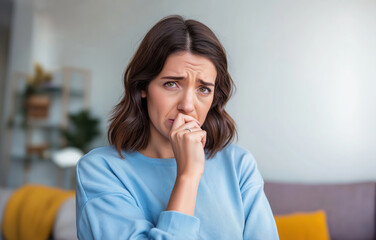 Young woman appears deep in thought and shows signs of stress while sitting in a cozy living room