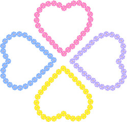 メッセージカードや装飾に最適！花で作られた綺麗なハート4色セット(ピンク、黃、紫、青)