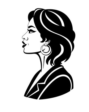 A woman's face in profile, a portrait of a woman with earrings, in a jacket - a vector silhouette of a female portrait for a logo, pictorama, or stencil. A beautiful female profile for an icon, sign, 