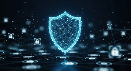 A glowing blue shield with connected nodes and lock icons on a dark network background with bokeh effect