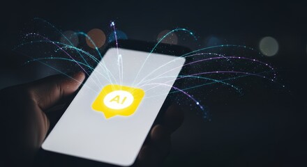 A hand holding a smartphone displaying an ai icon with digital network connections around it