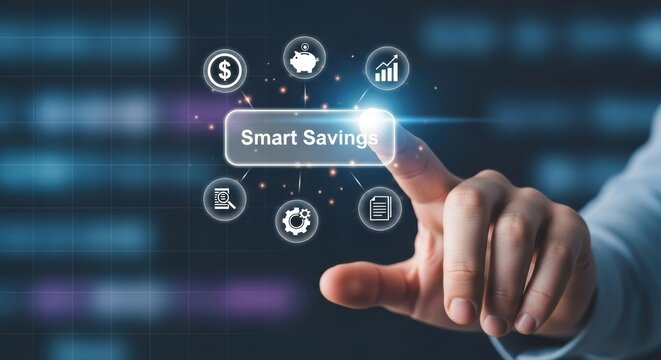 Finger touching smart savings button surrounded by financial icons on a blurred background