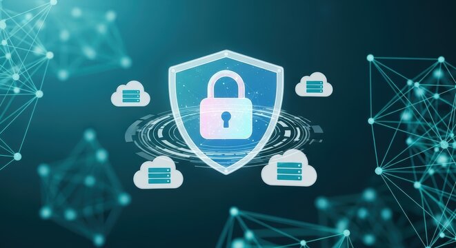 A digital illustration showing cloud computing security with a shield and padlock with a blue background - Powered by Adobe