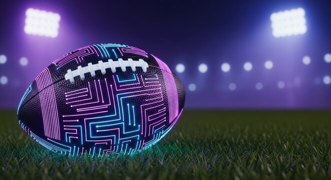 A futuristic football with neon circuit patterns on grass in a stadium under bright stadium lights