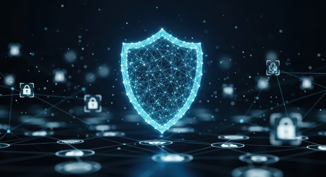 A glowing blue shield with connected nodes and lock icons on a dark network background with bokeh effect