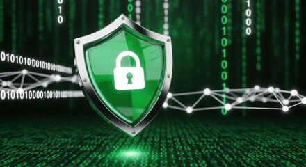 A green shield with a white padlock over a digital background with binary code and network connections
