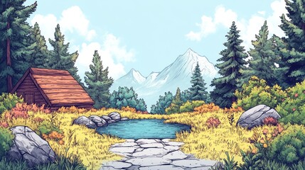 Serene Mountain Cabin Lakeside Landscape Illustration