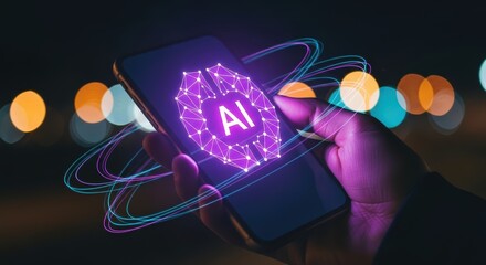 A hand holding a smartphone displaying an ai graphic with colorful light trails and bokeh background