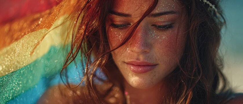 Rainbow of inclusion: vibrance at the pride march. Futuristic design. Graceful expression of pride: trans woman with a flag in hand. Modern graphics. Neon poster.