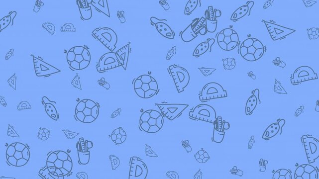 This fun, simple seamless pattern features hand-drawn line art doodles representing school supplies, mathematics tools, and soccer balls scattered across a light blue background