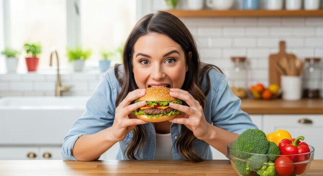Woman eating a burger in a kitchen with vegetables on the table and a window in the background view
